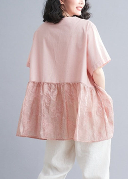 Plus Size Pink V Neck Patchwork Jacquard Cotton Tank Tops Short Sleeve