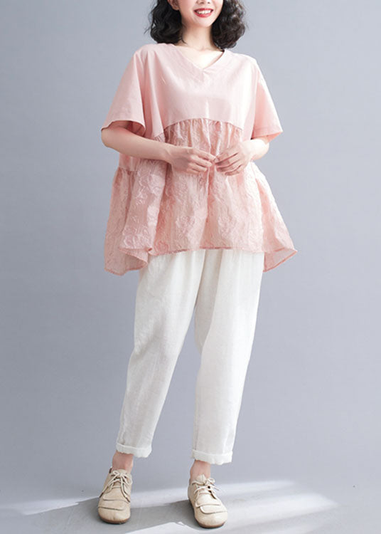 Plus Size Pink V Neck Patchwork Jacquard Cotton Tank Tops Short Sleeve