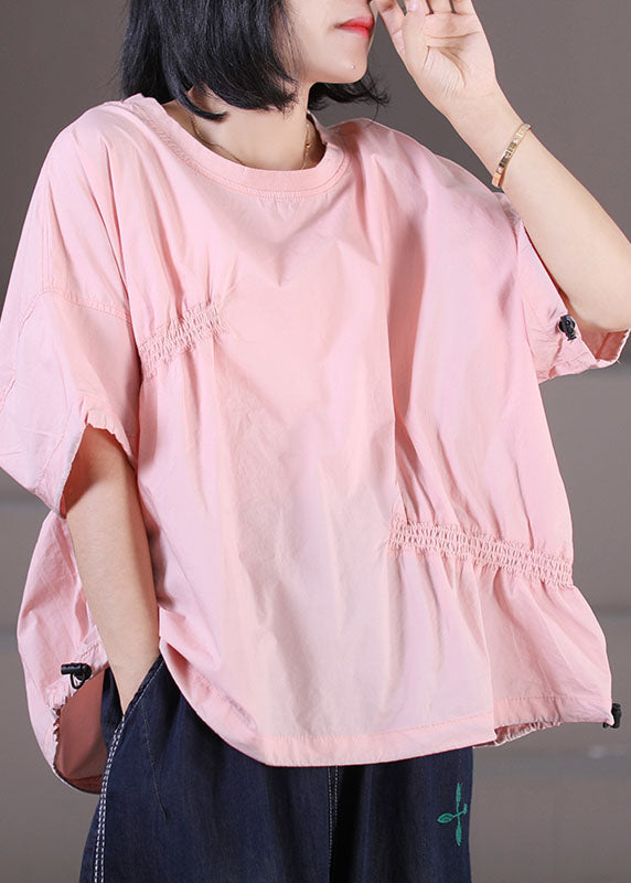 Plus Size Pink Wrinkled Drawstring Cotton Pullover Sweatshirt Top Summer