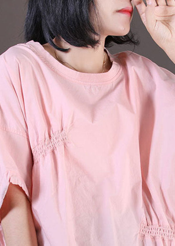 Plus Size Pink Wrinkled Drawstring Cotton Pullover Sweatshirt Top Summer