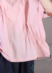 Plus Size Rosa geknittertes Pullover-Sweatshirt aus Baumwolle mit Kordelzug Sommer