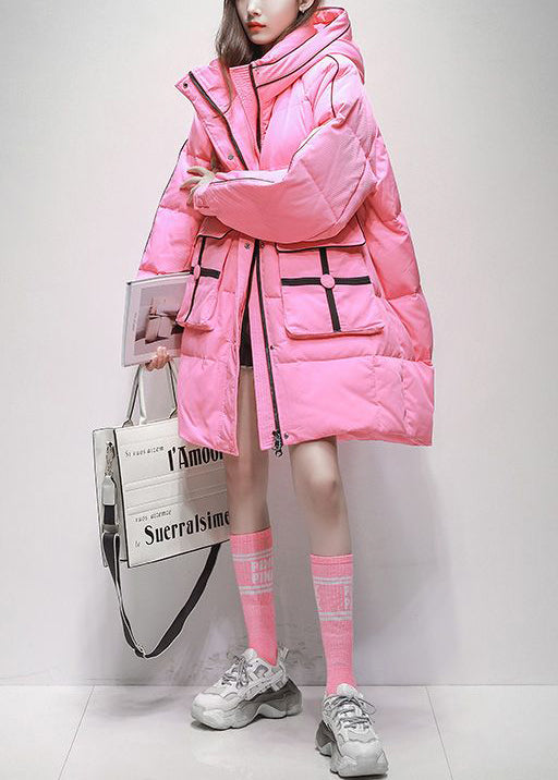 Plus Size Pink Zip Up Pockets Hooded Duck Down Puffer Coat Winter