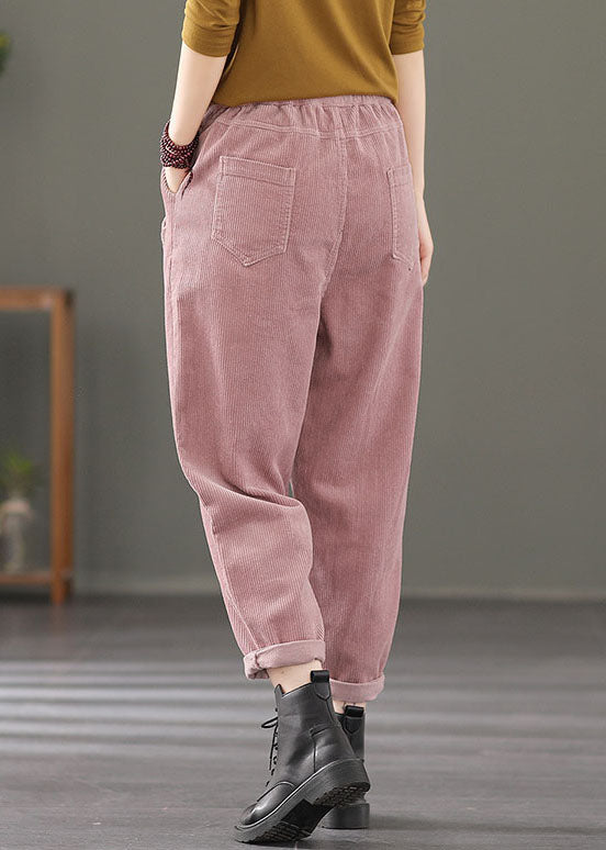 Plus Size Rosa elastische Taille Taschen Patchwork Cord Haremshose Frühling