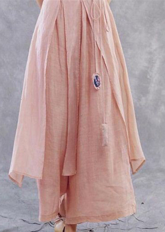 Plus Size Pink tie waistAsymmetrical Linen wide leg Pants Spring