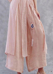 Plus Size Pink tie waistAsymmetrical Linen wide leg Pants Spring