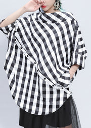 Plus Size Plaid Stand Collar Asymmetrical Patchwork Button Linen Tops Batwing Sleeve
