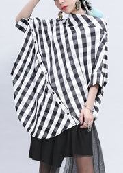 Plus Size Plaid Stand Collar Asymmetrical Patchwork Button Linen Tops Batwing Sleeve