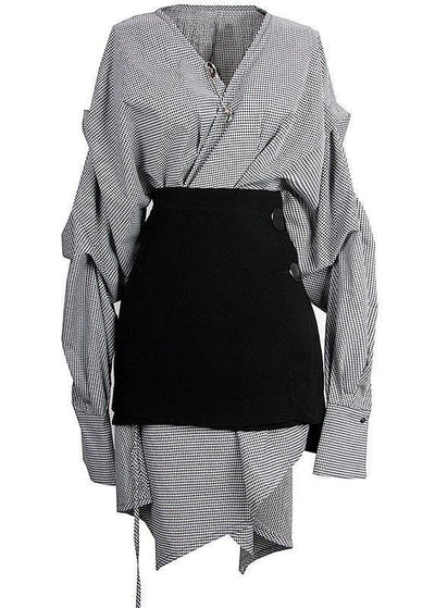 Plus Size Plaid V Neck asymmetrical designLong Sleeve Dress + Black Straight Skirt Two Pieces Set - SooLinen
