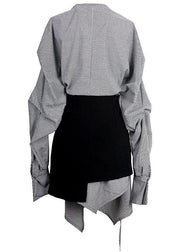 Plus Size Plaid V Neck asymmetrical designLong Sleeve Dress + Black Straight Skirt Two Pieces Set - SooLinen