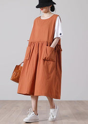 Plus Size Pockets Orange Mid big hem Summer Cotton Dress - SooLinen
