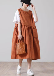 Plus Size Pockets Orange Mid big hem Summer Cotton Dress - SooLinen