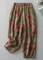 Plus Size Print Lace Up Elastic Waist Cotton Crop Pants Spring