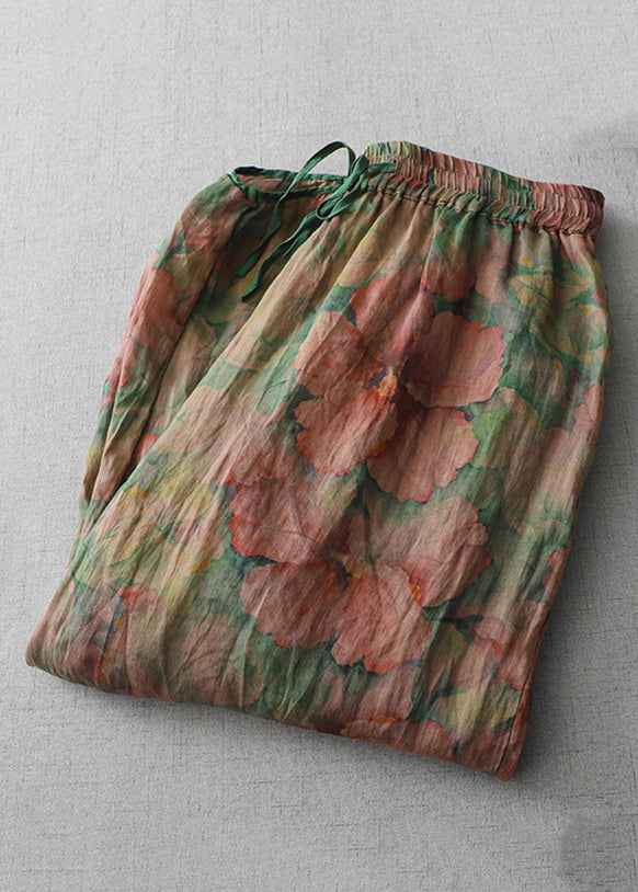 Plus Size Print Lace Up Elastic Waist Cotton Crop Pants Spring