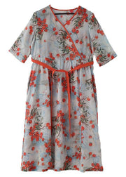 Plus Size Print Oriental Linen Tie Waist Summer Mid Dress - SooLinen