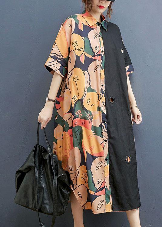 Plus Size Print Patchwork Cotton asymmetrical designside open Summer Maxi Dress - SooLinen