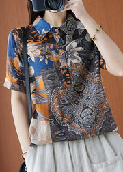 Plus Size Print Peter Pan Collar Button Cotton Linen Top Summer - SooLinen
