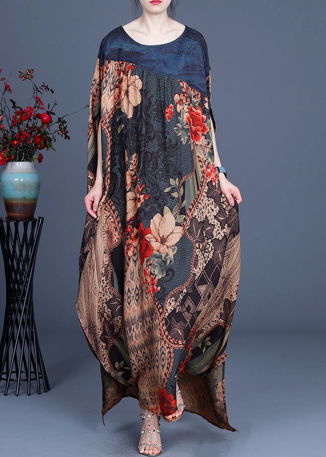 Plus Size Print asymmetrical design Patchwork Silk Vacation Dresses Summer - SooLinen