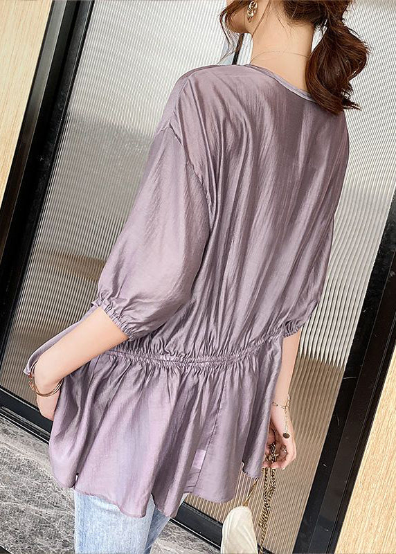 Plus Size Purple Asymmetrical Drawstring Wrinkled Silk Shirt Top Summer