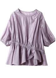 Plus Size Purple Asymmetrical Drawstring Wrinkled Silk Shirt Top Summer