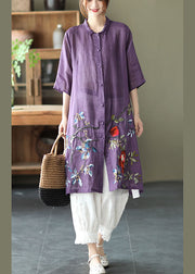 Plus Size Purple Button Embroidered Fall Shirt Half Sleeve