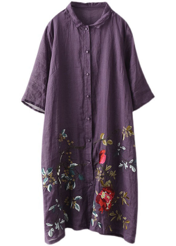 Plus Size Purple Button Embroidered Fall Shirt Half Sleeve