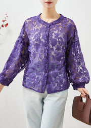 Plus Size Purple Embroidered Hollow Out Lace Shirts Fall