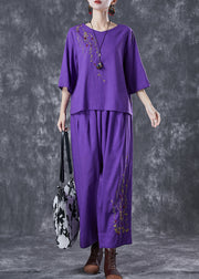 Plus Size Purple Embroidered Linen Two Pieces Set Summer