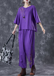 Plus Size Purple Embroidered Linen Two Pieces Set Summer