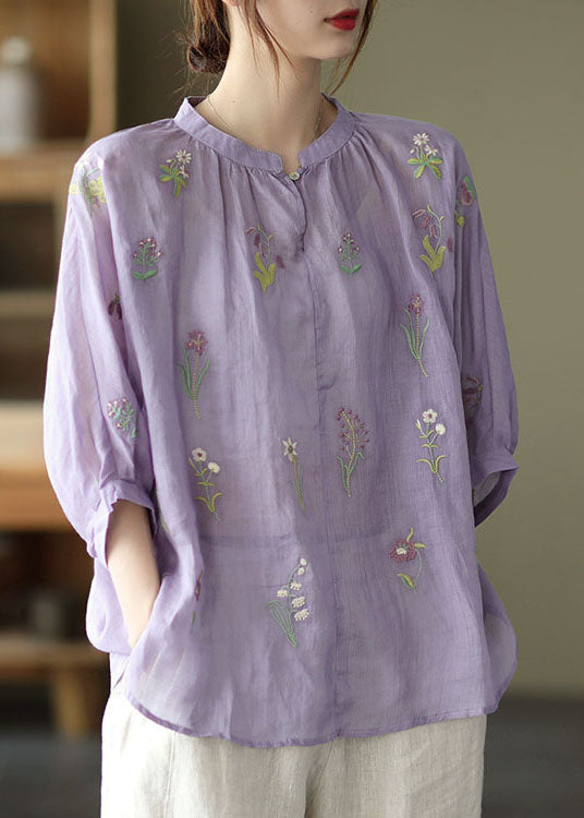 Plus Size Purple Embroidered Loose Fall Three Quarter sleeve Top