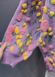Plus Size Purple Floral Button Knit Coats Long Sleeve