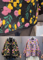 Plus Size Purple Floral Button Knit Coats Long Sleeve