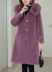Plus Size Purple Fox Collar Button Warm Fleece Woolen Coats Winter
