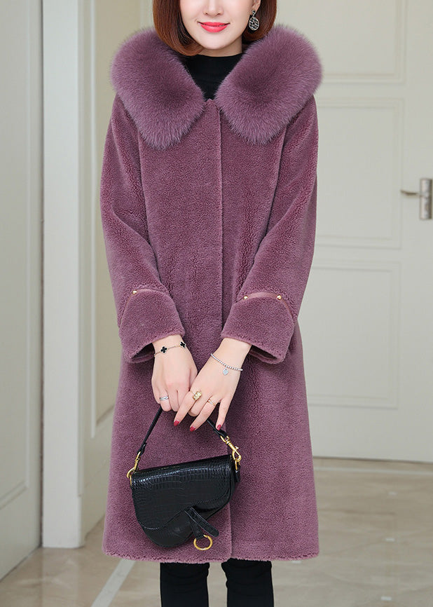 Plus Size Purple Fox Collar Button Warm Fleece Woolen Coats Winter