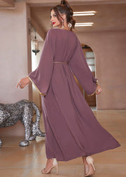 Plus Size Purple Lace Patchwork Chiffon Robe Dresses Long Sleeve
