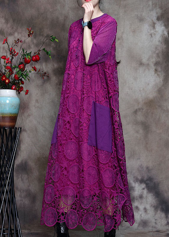 Plus Size Purple Lace Pockets side open Fall Long sleeve Dresses