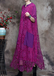 Plus Size Purple Lace Pockets side open Fall Long sleeve Dresses