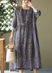 Plus Size Purple O-Neck Cinched Button Print Linen Dress Long Sleeve
