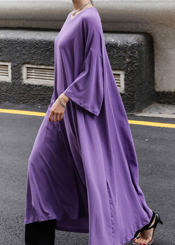 Plus Size Purple O-Neck Cotton Maxi Dress Long Sleeve