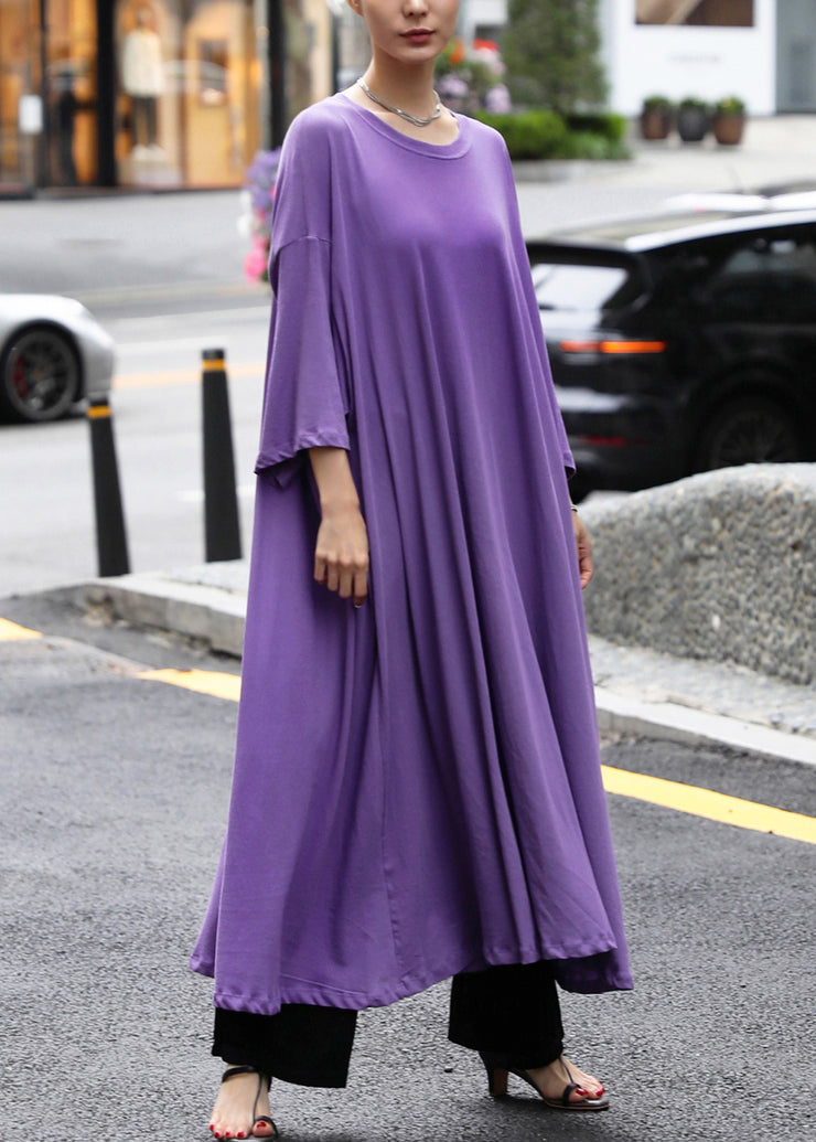 Plus Size Purple O-Neck Cotton Maxi Dress Long Sleeve