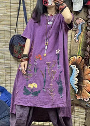 Plus Size Purple O Neck Embroidered Linen Mid Dresses Summer