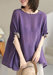 Plus Size Purple O-Neck Patchwork Ruffled Fall Shirt Half Sleeve