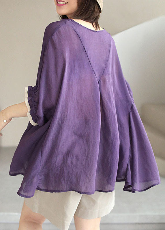 Plus Size Purple O-Neck Patchwork Ruffled Fall Shirt Half Sleeve