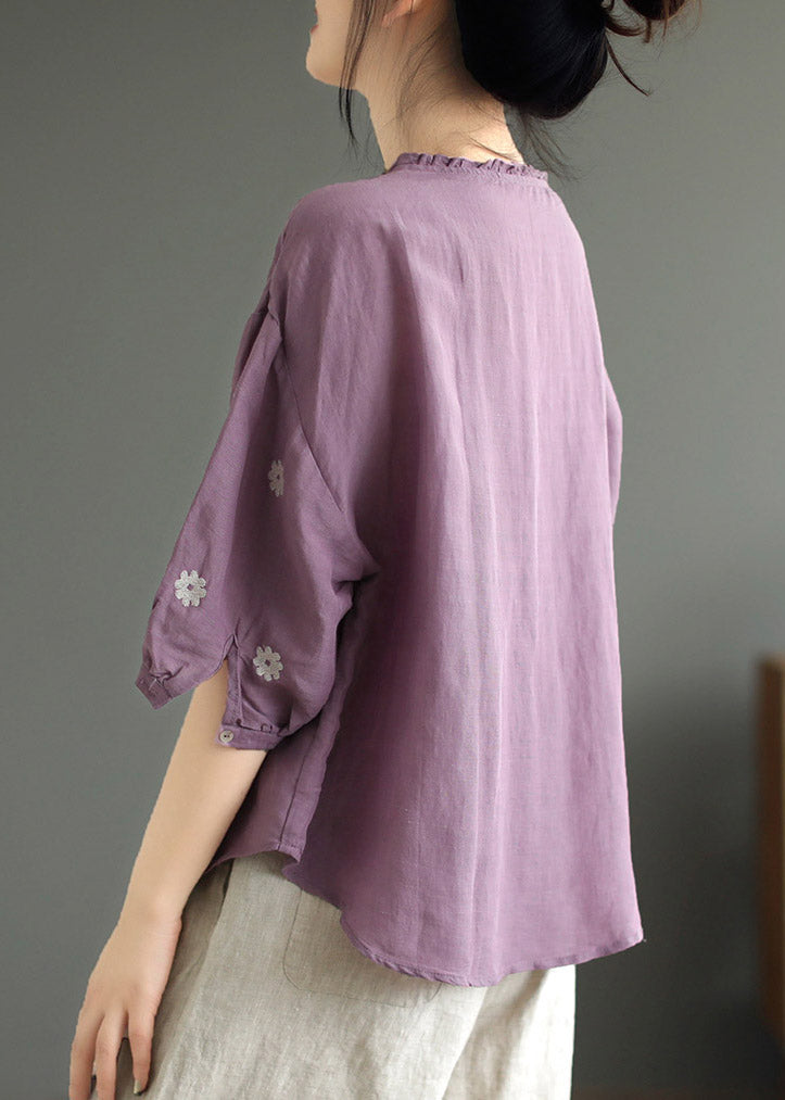 Plus Size Purple O-Neck Print Linen Top Summer