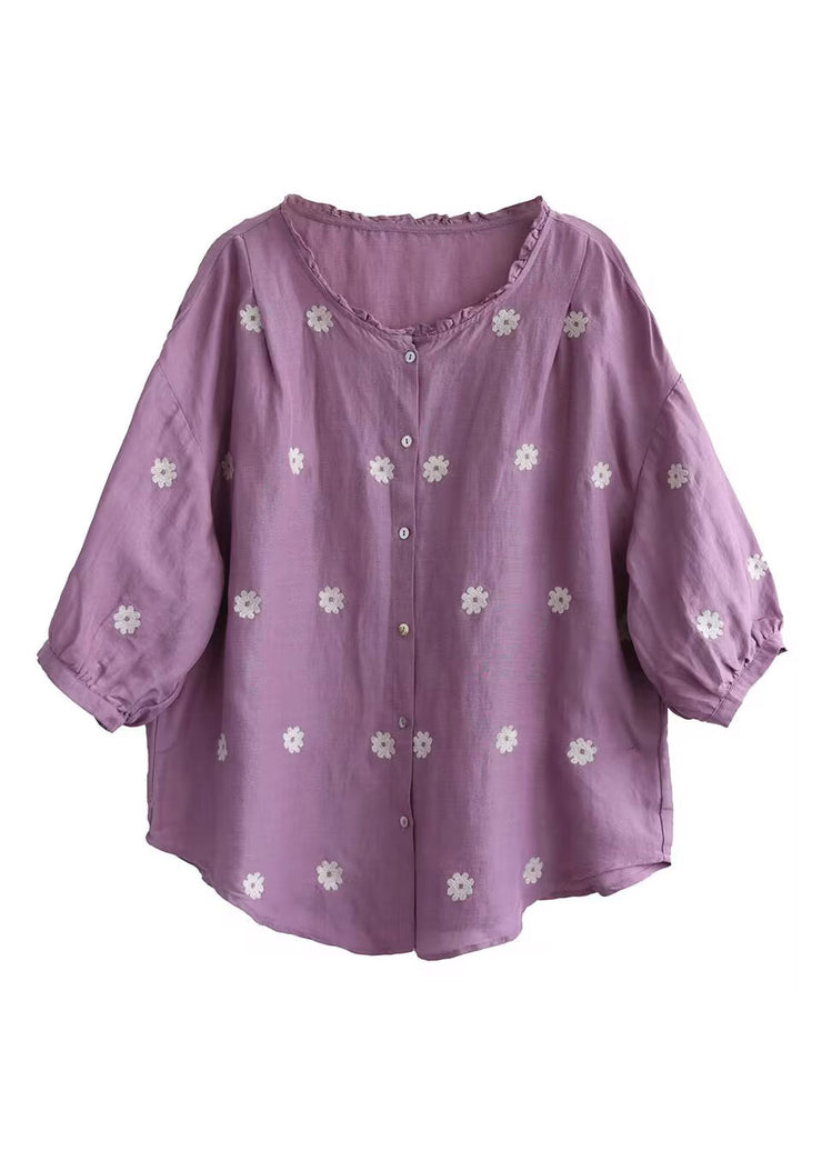 Plus Size Purple O-Neck Print Linen Top Summer