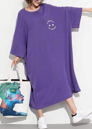 Plus Size Purple O Neck Print Patchwork Cotton Long Dress Summer