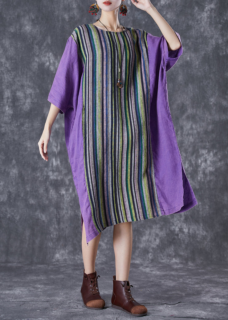 Plus Size Purple Oversized Patchwork Striped Linen Dress Summer