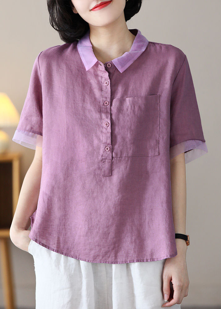Plus Size Purple Peter Pan Collar Patchwork Linen Shirt Tops Short Sleeve
