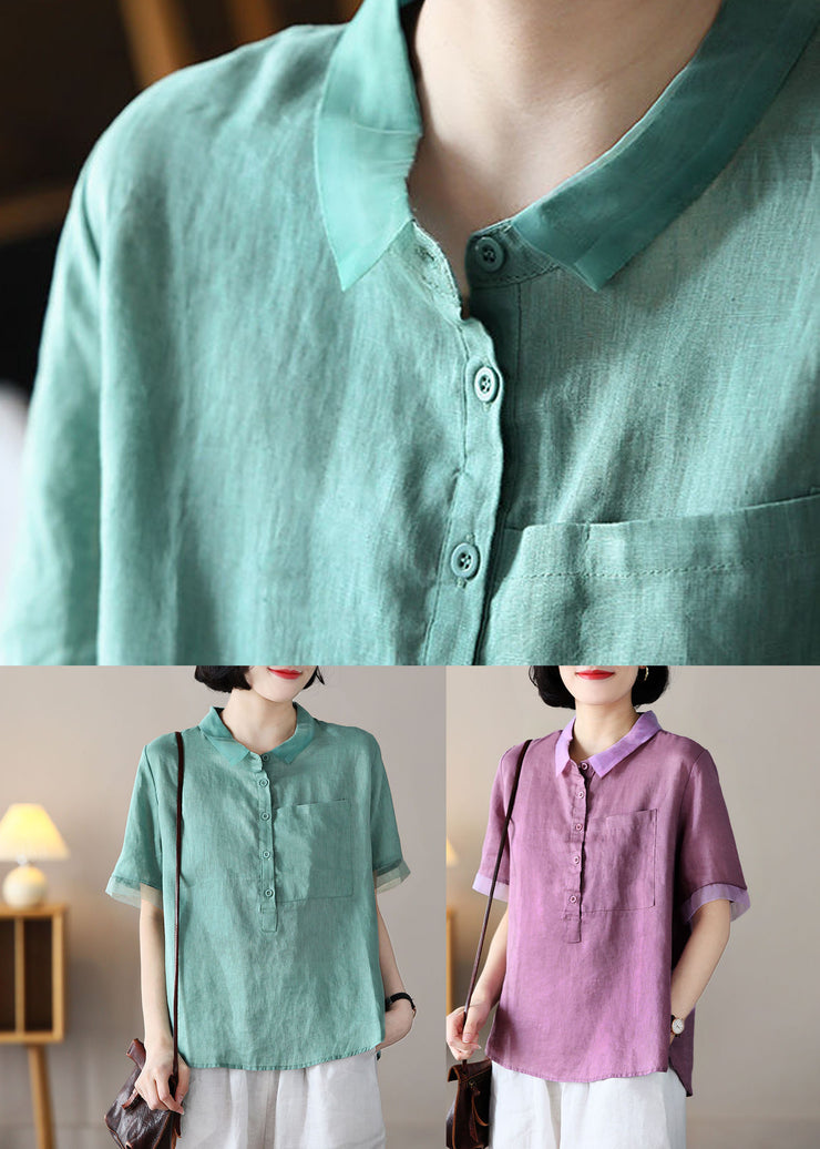 Plus Size Purple Peter Pan Collar Patchwork Linen Shirt Tops Short Sleeve