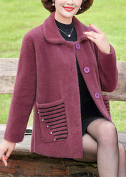 Plus Size Purple Peter Pan Collar Striped Pockets Mink Hair Knitted Coat Winter