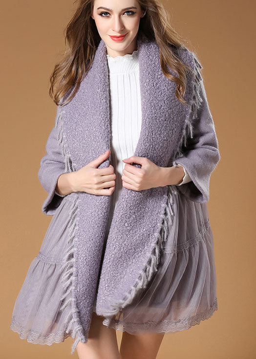 Plus Size Purple PeterPan Collar Patchwork Lace Casual Fall Woolen Coat
